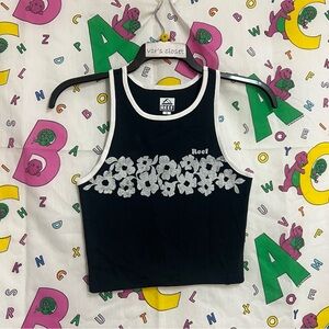 Small Womens REEF Flower Floral Racer Back Crop Top Graphic